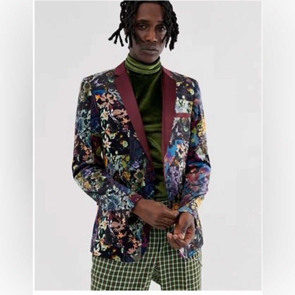 ASOS EDITION skinny blazer in purple floral patchwork velvet, 46" Chest Regular